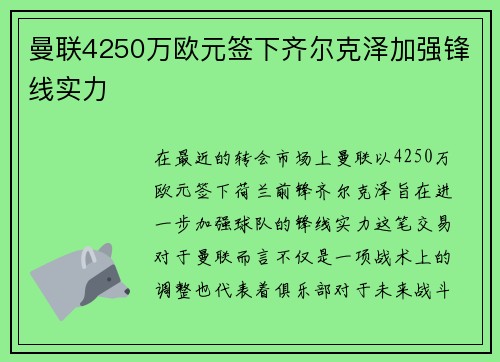 曼联4250万欧元签下齐尔克泽加强锋线实力